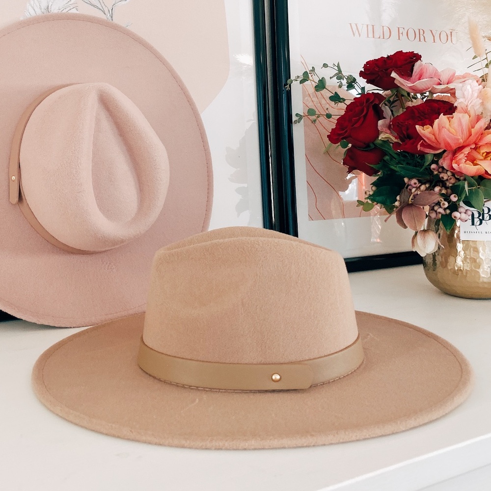 Tan wide brim fedora hat